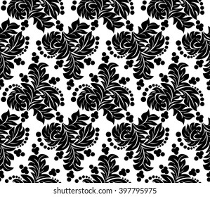 Pattern design - black seamless floral Ornament on white.