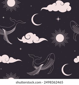 pattern design boho style with whale, clouds and moon on dark starry sky