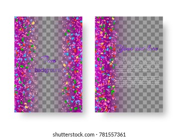 Pattern design brochure with colorful paper confetti falling on a violet background