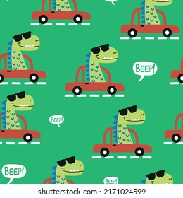 pattern design with car and funny dinosaur as vector