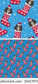 Pattern design with cavalier king charles spaniels in stockings, seamless pattern. Repeatable textile, wrapping paper, blue background graphic design. Christmas winter wallpaper with snowflakes, dogs.