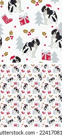 Pattern design with cavalier king charles spaniels. Christmas geometric low poly animal pattern. Flat dog design, seamless pattern. Repeatable textile, wrapping paper, blue background graphic design.