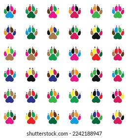 Pattern and design of colored wolf paws on white background