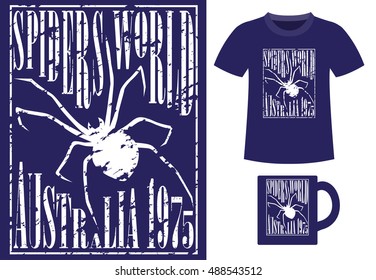 Pattern design concept for printing on T-shirts and souvenirs: scary spider and title Spiders world. Australia 1975. Vintage style hand drawn. Vector illustration