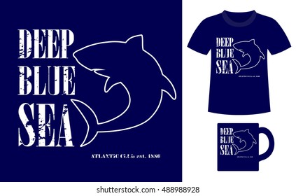 Pattern design concept for printing on T-shirts and souvenirs: title Deep blue sea. Atlantic club 1886 and silhouette shark. Vintage style hand drawn. Vector illustration
