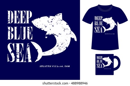 Pattern design concept for printing on T-shirts and souvenirs: title Deep blue sea. Atlantic club 1886 and silhouette shark. Vintage style hand drawn. Vector illustration