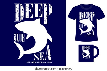 Pattern design concept for printing on T-shirts and souvenirs: title Deep blue sea. Atlantic club 1886 and silhouette shark. Vintage style hand drawn. Vector illustration