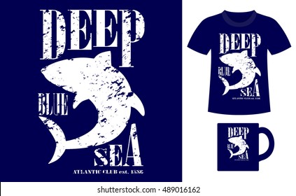 Pattern design concept for printing on T-shirts and souvenirs: title Deep blue sea. Atlantic club 1886 and silhouette shark. Vintage style hand drawn. Vector illustration