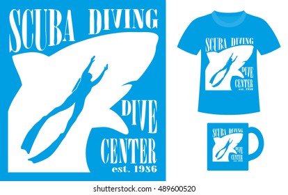 Pattern design concept for printing on T-shirts or souvenirs: title Scuba diving. Dive center and figure diver on shark silhouette background. Vintage style hand drawn. Vector illustration