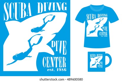 Pattern design concept for printing on T-shirts or souvenirs: title Scuba diving. Dive center and figure diver on shark silhouette background. Vintage style hand drawn. Vector illustration