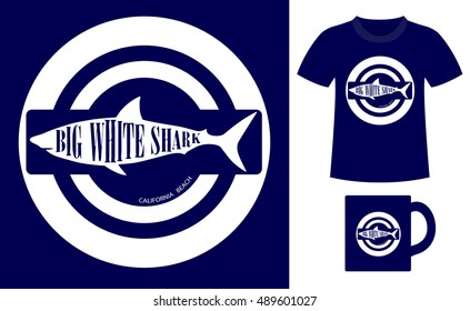 Pattern design concept for printing on T-shirts and souvenirs: title Big white shark california beach and silhouette shark. Vintage style hand drawn. Vector illustration