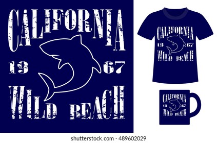 Pattern design concept for printing on T-shirts and souvenirs: title California wild beach and silhouette white shark. Vintage style hand drawn. Vector illustration