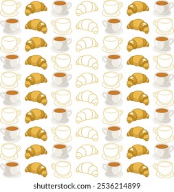 Projeto padrão de um pão de croissant e uma xícara de café vetor em um fundo branco, eps 10, editável.