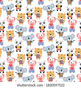 pattern design with cute animal cartoon playing music ornament
