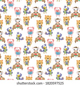 pattern design with cute animal cartoon reading book ornament