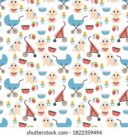 pattern design with cute baby and stroller illustration ornament