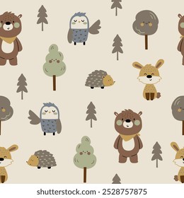 pattern design with cute bear, bunny, hedgehog, owl and tree drawing as vector for kids fashion