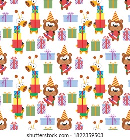 pattern design with cute bear and giraffe animal birthday illustration ornament
