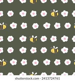 pattern design with cute bee and flower drawing as vector for textile