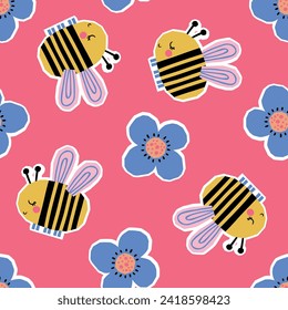 pattern design with cute bee and flower drawing as vector for kids fashion