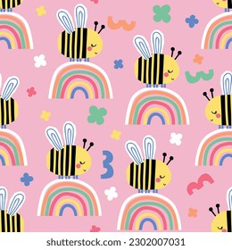 pattern design with cute bee, and flowers drawing as vector for baby fashion