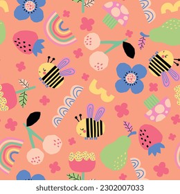 pattern design with cute bee, strawberry, cherry, pear and flowers drawing as vector for baby fashion print