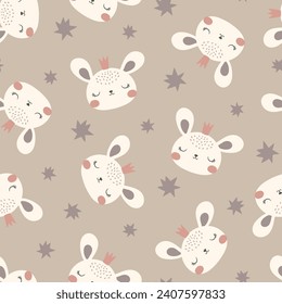 pattern design with cute bunny head drawing and stars as vector