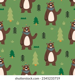 pattern design with cute camper bear drawing as vector for kids fashion