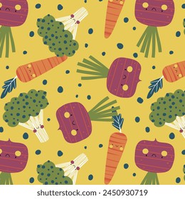 pattern design with cute carrot, broccoli, radish drawing as vector