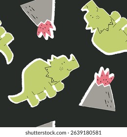 pattern design with cute dinosaur and  burning mountain drawing as vector