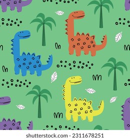 pattern design with cute dinosaur drawing as vector for kids fashion
