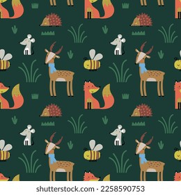 pattern design with cute forest animals drawing as vector