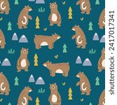 pattern design with cute grizzly bears drawing as vector