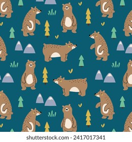 pattern design with cute grizzly bears drawing as vector