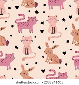 pattern design with cute kitty, bunny and heart drawing as vector