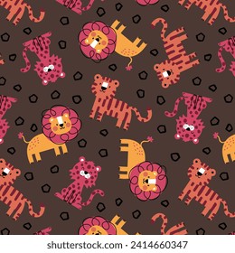 pattern design with cute leopard, lion and tiger drawing for kids fashion 