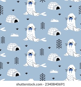 pattern design with cute sea lion drawing as vector