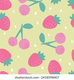 pattern design with cute strawberry and cherry drawing as vector for kids fashion