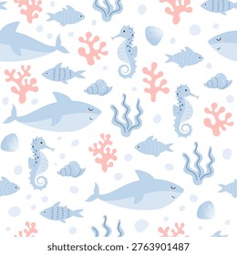 pattern design with cute undewater animals light blue palette