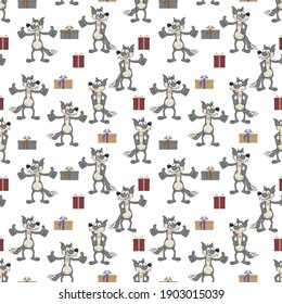 pattern design with cute wolf animal cartoon ornament