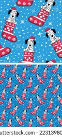 Pattern design with Dalmatian dogs in stockings, seamless pattern.Repeatable textile, wrapping paper, blue background graphic design. Christmas winter wallpaper with snowflakes, dog in a hat. Postcard