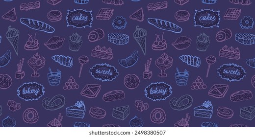 Pattern design with desserts and baked goods graphic symbols, doodle style hand drawn seamless background