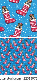 Pattern design with English Bulldog dogs in stockings, seamless pattern. Repeatable textile, wrapping paper, blue background graphic design. Christmas winter wallpaper with snowflakes, dog in a hat.