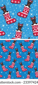 Pattern design with english toy terrier in stockings, seamless pattern. Repeatable textile, wrapping paper, blue background graphic design. Christmas winter wallpaper with snowflakes, dog in hats