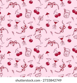 Pattern design featuring cocktails, cherries, and decorative bows on pink background