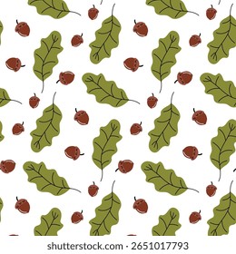 Design de padrões com folhas verdes e bolotas marrons em um fundo branco para decoração inspirada na natureza