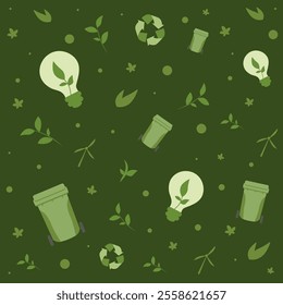Pattern design featuring light bulbs and recycling bins on a green background