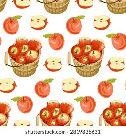 Pattern design featuring red apples and baskets filled with apples on a white background, showcasing sliced apples and green leaves for a fresh, vibrant look