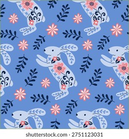 Pattern design featuring stylized rabbits with floral motifs and leaves on a blue background, suitable for textiles, wallpapers, and decorative items