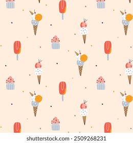Pattern design featuring various types of ice cream. The playful and colorful pattern showcases different flavors and styles, perfect for use in textiles, packaging, and summer-themed designs